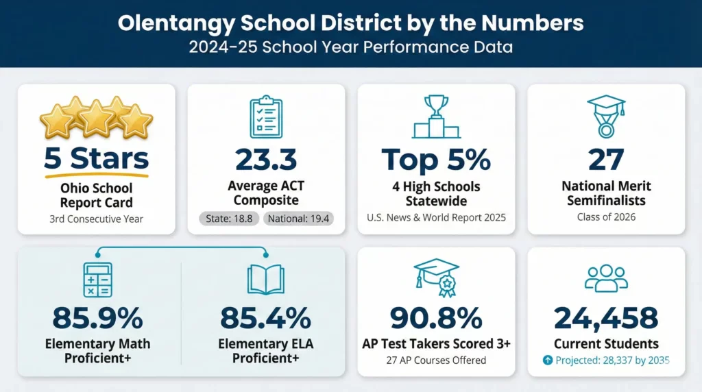 Buying a home in the Olentangy school district performance stats including 5 star rating 23.3 ACT and top 5 percent rankings
