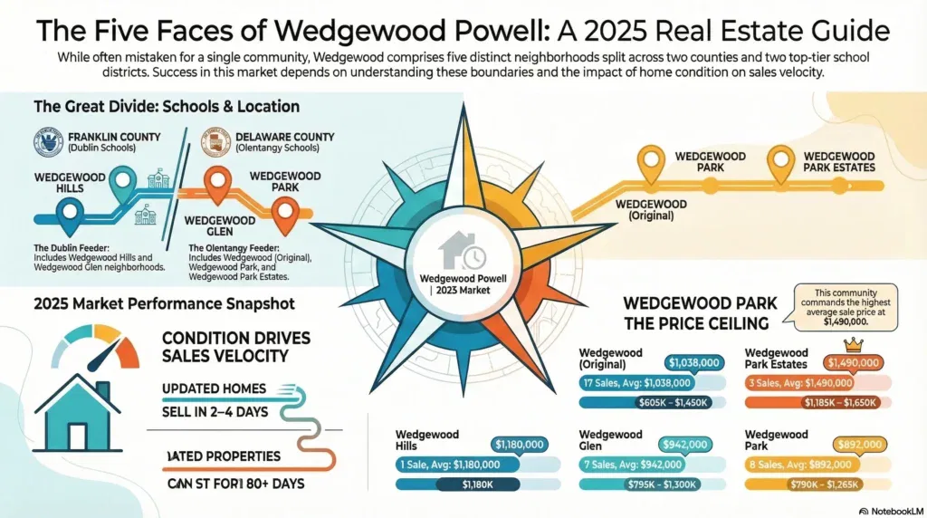 A detailed real estate infographic titled 'The Five Faces of Wedgewood Powell Ohio: A 2025 Real Estate Guide'. It features a map showing the crucial split between Franklin County (Dublin Schools) and Delaware County (Olentangy Schools) and detailed, comparative data blocks for all five neighborhoods: Wedgewood (Original), Wedgewood Hills, Wedgewood Glen, Wedgewood Park, and Wedgewood Park Estates. Each block includes 2025 average sale price, sales count, and range. An additional summary section visualizes 'Condition Drives Sales Velocity', contrasting fast sales of updated homes with extended market days for dated properties, emphasizing that success in this specific market depends on understanding the unique character and market dynamics of each community, not just a shared name.