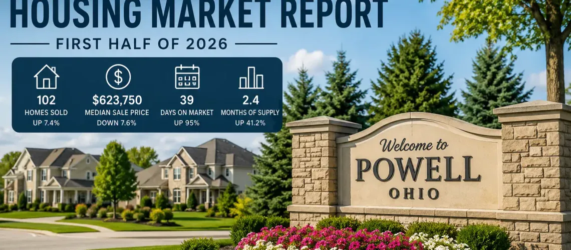 Powell Ohio housing market report for the first half of 2026 showing 102 homes sold, a $623,750 median sale price, 39 days on market, and 2.4 months of housing supply.