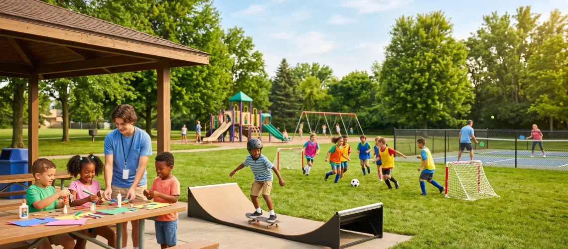 Children enjoying Powell Ohio summer activities at a community park, including soccer, skateboarding, and crafts